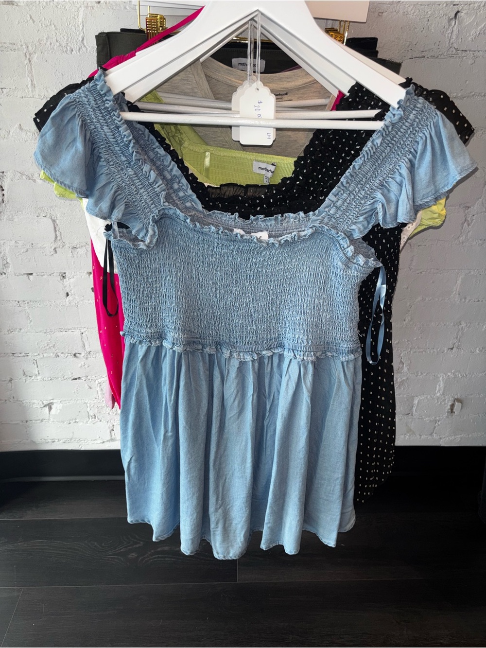 Motherhood Light Blue Smocked Off-Shoulder Blouse
